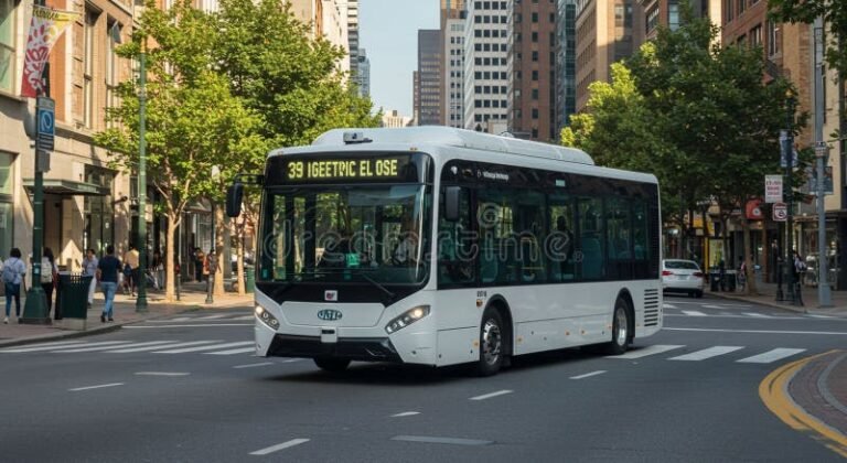 autobus moderno transitando por calle urbana