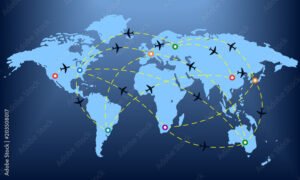 avion sobre mapa mundial con rutas aereas