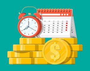 calendario de pagos con monedas y reloj