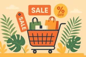 carro de compras con etiquetas de descuento coloridas