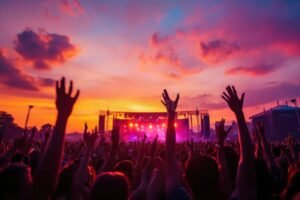 concierto al atardecer con multitud vibrante