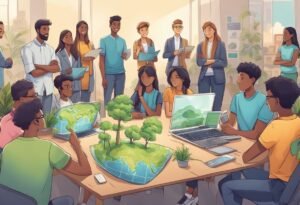 empresarios colaborando en proyecto comunitario sostenible