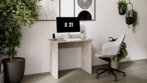 escritorio blanco minimalista con silla ergonomica