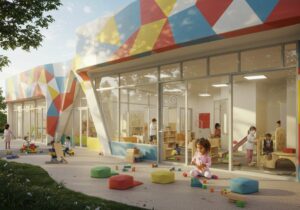 fachada de centro de juegos infantil colorido
