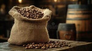 granos de cafe tostado en saco rustico