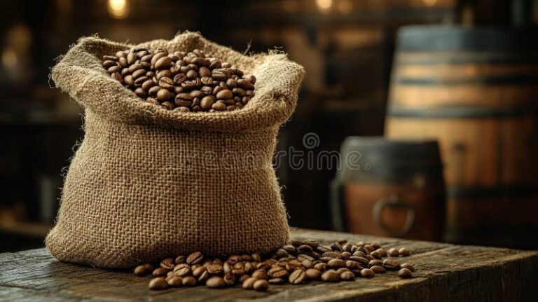 granos de cafe tostado en saco rustico