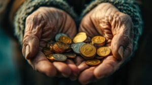 manos sosteniendo billetes y monedas brillantes