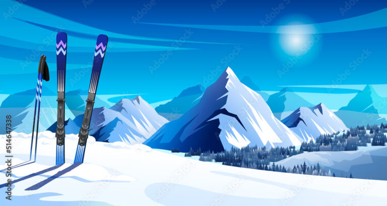 paisaje nevado con montanas y esquiadores