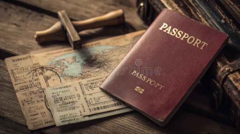 pasaporte y maleta sobre mesa de viaje