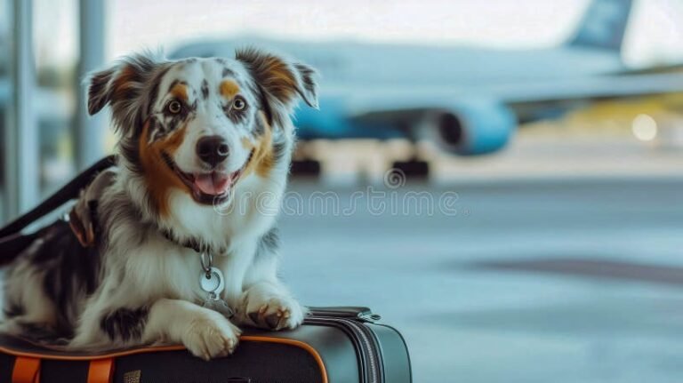 perro con maleta en aeropuerto alegre