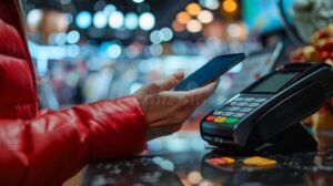 persona pagando con smartphone en tienda moderna