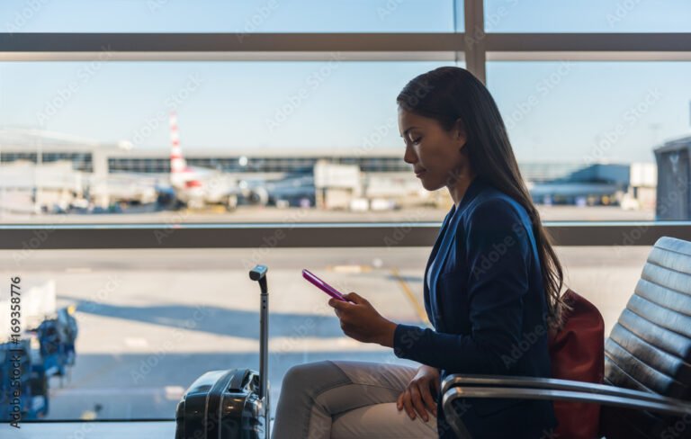 persona usando telefono movil en aeropuerto