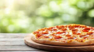pizza pepperoni apetecible sobre tabla rustica madera