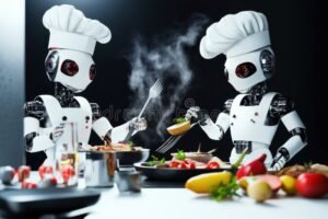 robot de cocina con ingredientes frescos