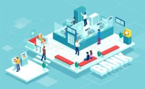 sucursal bancaria con clientes y asesor financiero