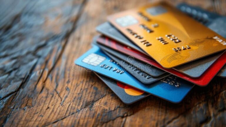 varias tarjetas de credito sobre superficie madera