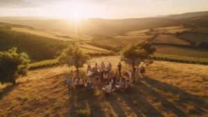 vinedos al atardecer con grupos disfrutando