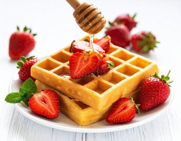 waffles dorados con frutas frescas y miel